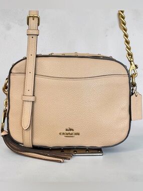 COACH Crystal Rivet Pebble Leather Camera Bag Crossbody in Nude Pink